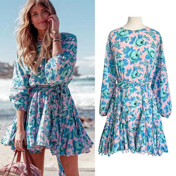 Rhode Ella Pop Floral Blue & Pink Cotton Mini Dress - Size M - Picture 1 of 8
